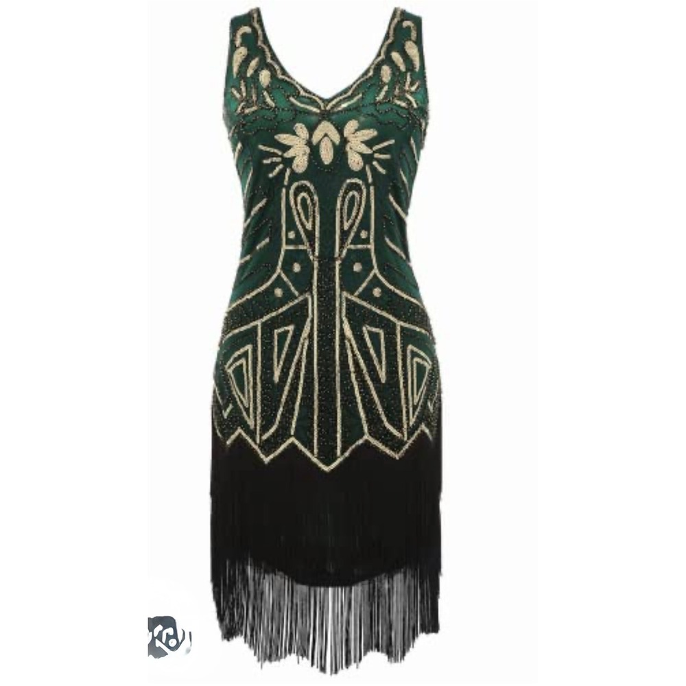Babeyond Emerald Green Gold Sequin Flapper Dress 1920s Gatsby Fringe Small